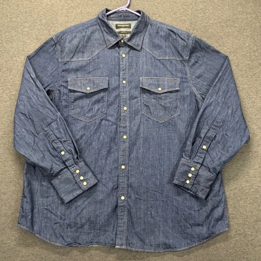Banana Republic Western Shirt Mens XXL Denim Pearl Snap Long Sleeve cowboy rodeo